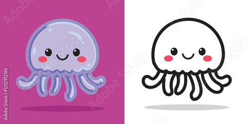 A cute jellyfish doll cartoon illustration for sticker, design element, or coloring book element