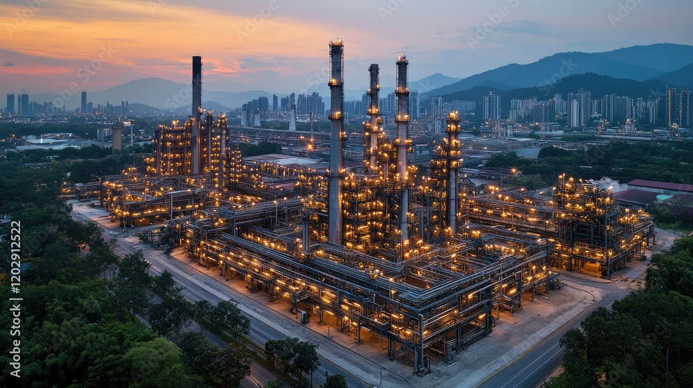 Obraz premium Aerial view of an industrial complex with smokestacks and illuminated structures at sunset.
