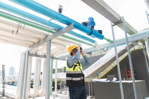 Male engineer using virtual reality headset at construction site. Male plumber wearing virtual reality headset for inspecting water pipes network system
