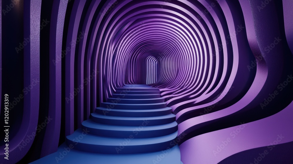 Fototapeta premium Purple arched hallway, steps, portal, 3D render, abstract background, event design