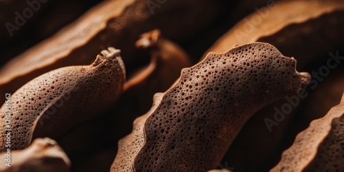 A closeup of tamarind fruits with uneven and rough texture