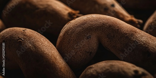 A closeup of tamarind fruits with uneven and rough texture