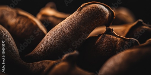 A closeup of tamarind fruits with uneven and rough texture