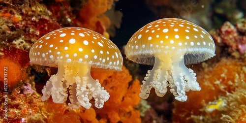 Two glowing jellyfish with white dots, swimming in orange coral reef background