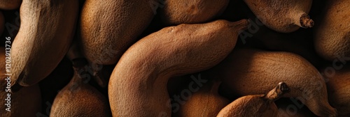 A closeup of tamarind fruits with uneven and rough texture