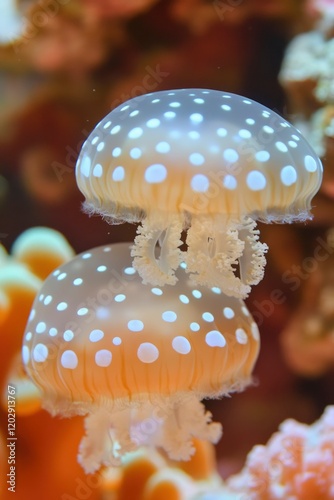 Two glowing jellyfish with white dots, swimming in orange coral reef background