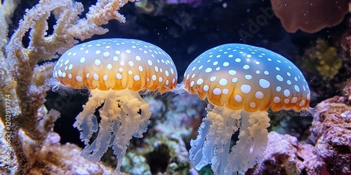Two glowing jellyfish with white dots, swimming in orange coral reef background