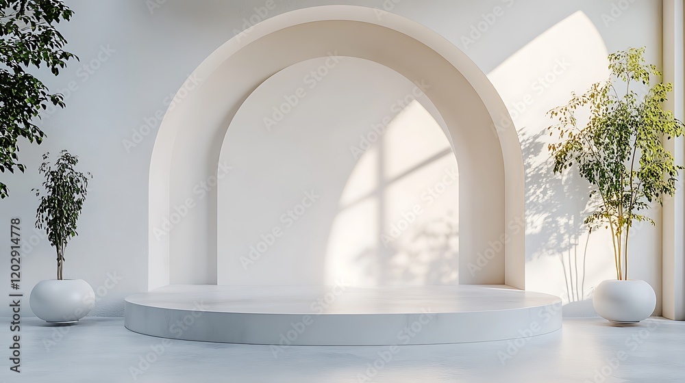 Fototapeta premium Modern minimalist stage design indoor studio photography set bright atmosphere