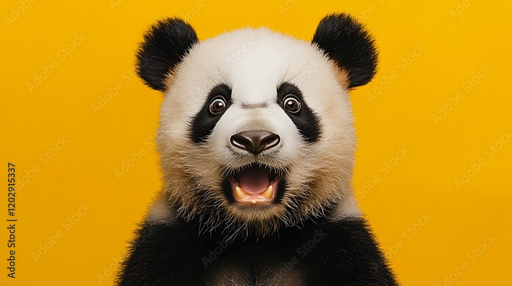 Fototapeta premium Excited panda portrait studio animal photography yellow background