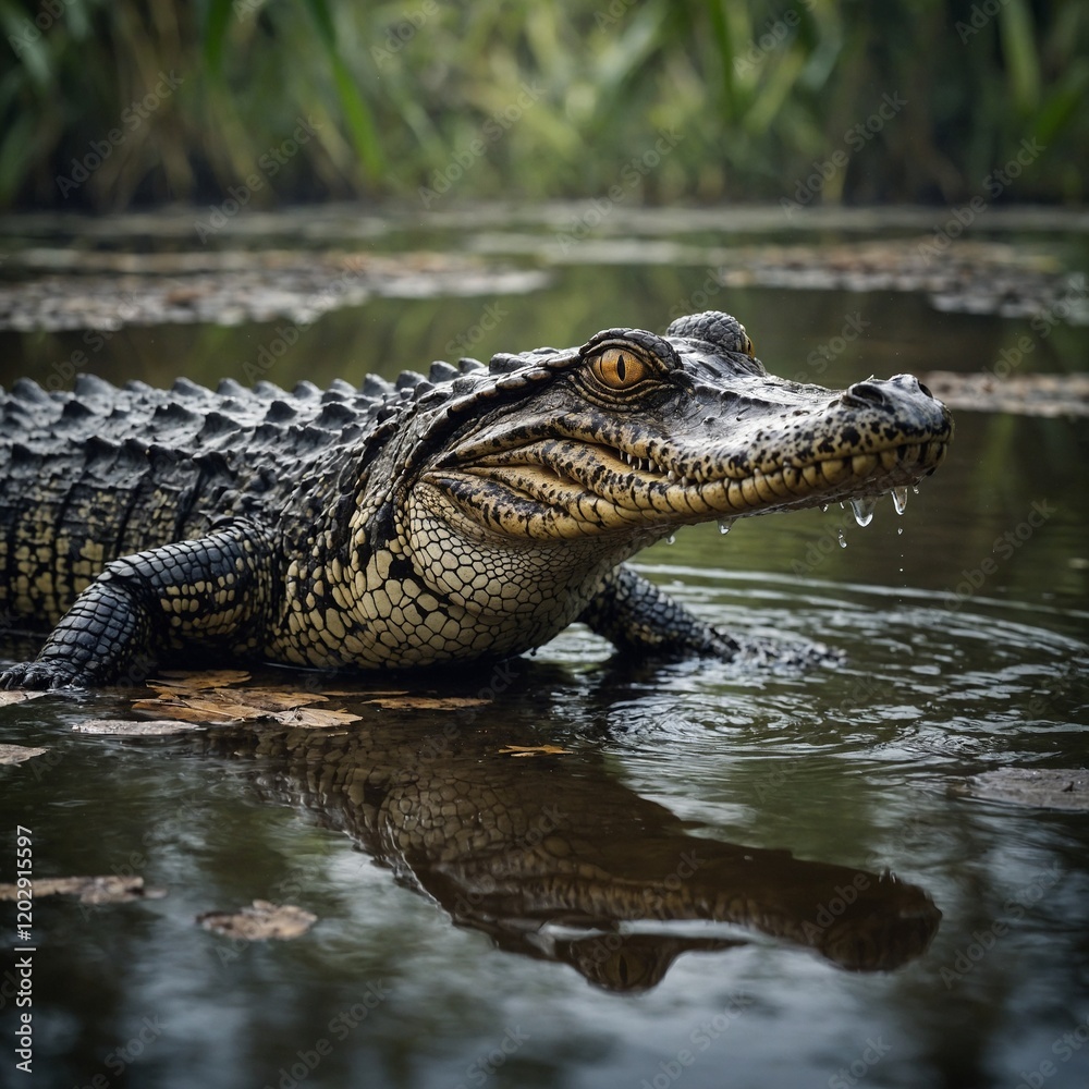 Fototapeta premium A spectacled caiman in a swamp with exotic birds flying overhead.