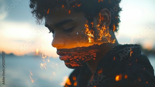 A dark-skinned maleâ€™s face merged with a desert landscape in double exposure, emphasizing resilience and a connection to vast, open spaces.