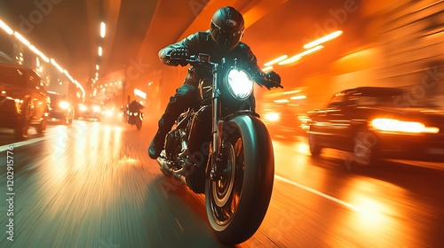 Motorcycle racing action in urban tunnel dynamic night scene adventure