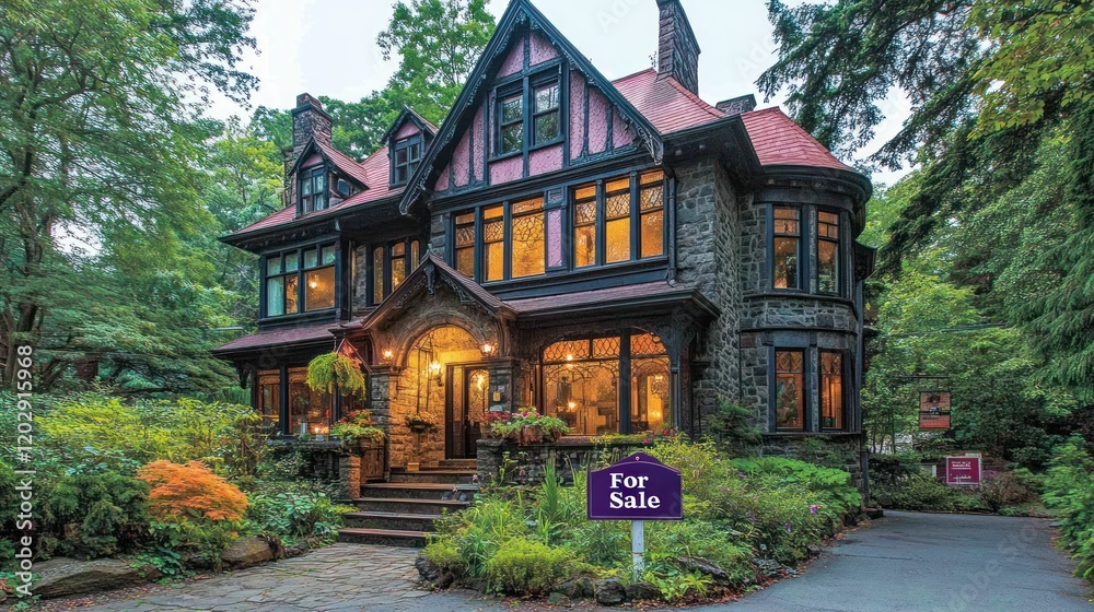 Fototapeta premium Luxurious stone house for sale, nestled in lush garden, twilight