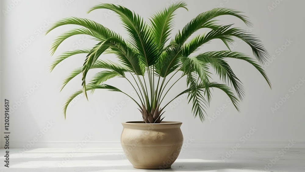 A fresh and modern aesthetic of a lush green palm plant with long, arching fronds. A fresh and modern aesthetic of a lush green palm plant with long, arching fronds.