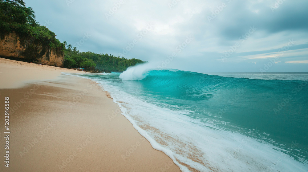 Obraz premium Tropical Sandy Beach with Soft Blue Ocean Waves and Clear Water 