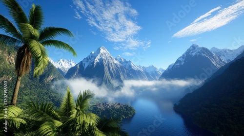 Tropical Valley with Misty Mountains