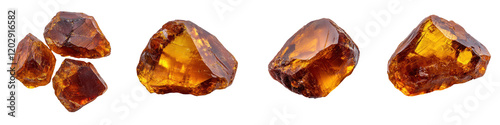Closeup of raw unpolished amber gemstone crystals in various natural formations and shapes  The fossilized organic resin has a warm earthy brown and gold color palette with a translucent