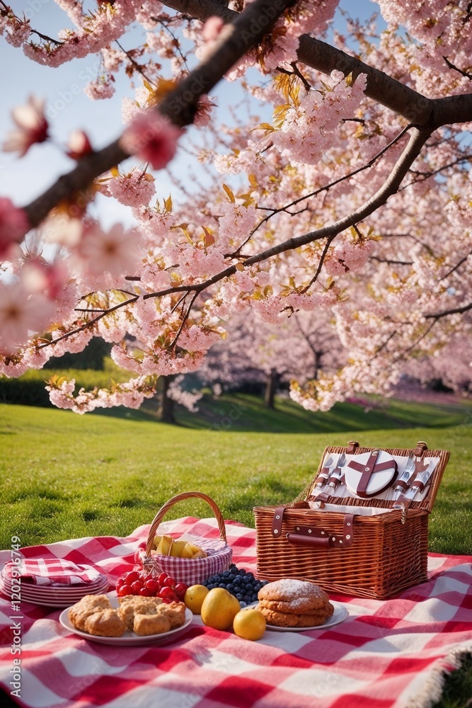 Picnic setup in cheerful mood, with fruits and basket under blooming cherry blossom tree in sunny park Picnic setup in cheerful mood, with fruits and basket under blooming cherry blossom tree in sunny park
