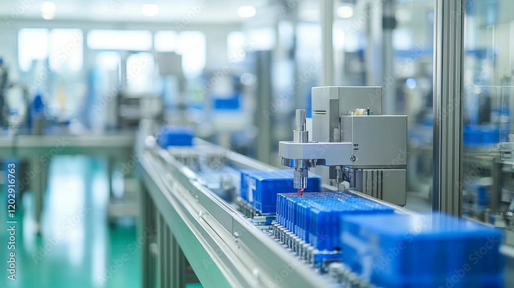An inside view of a lithium-ion battery factory with large machines and conveyor belts processing raw materials, assembling battery cells, and conducting final quality testing. An inside view of a lithium-ion battery factory with large machines and conveyor belts processing raw materials, assembling battery cells, and conducting final quality testing.