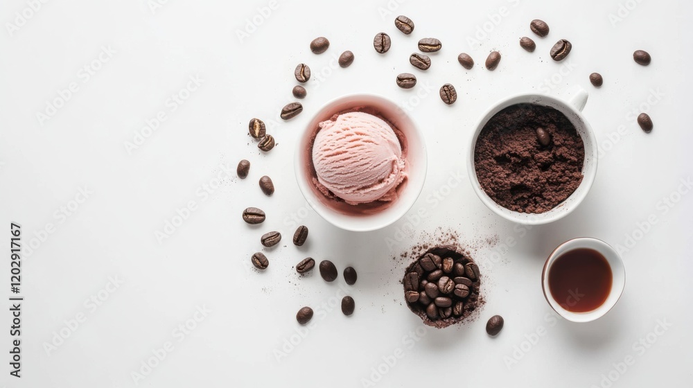 A flat lay of ice cream, cocoa powder, coffee beans, and brewed coffee on a white background A flat lay of ice cream, cocoa powder, coffee beans, and brewed coffee on a white background