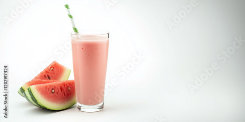 fresh watermelon smoothie in a glass with a straw isolated on a white background with copy space