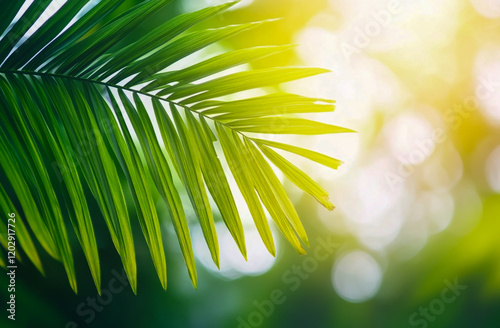 A detailed close-up of a vibrant green palm leaf, illuminated by sunlight, photo