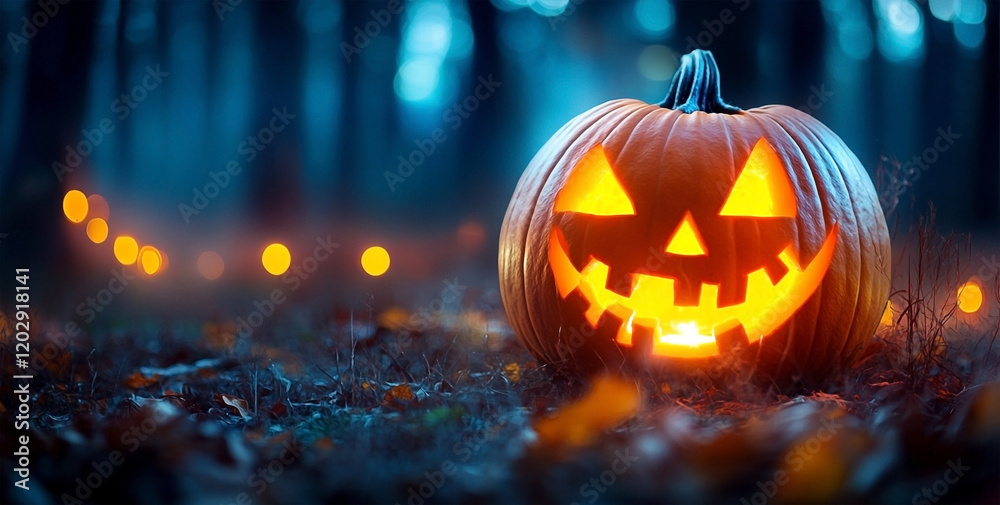 Glowing Jack-o'-lantern in a forest with bokeh lights for Halloween atmosphere Glowing Jack-o'-lantern in a forest with bokeh lights for Halloween atmosphere
