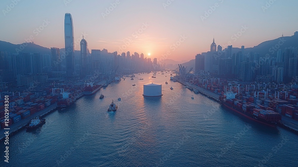 Naklejka premium A wide shot of the Tsing Yi port in Hong Kong, featuring a large oil storage tank surrounded by shipping containers and industrial facilities, highlighting the busy port environment.