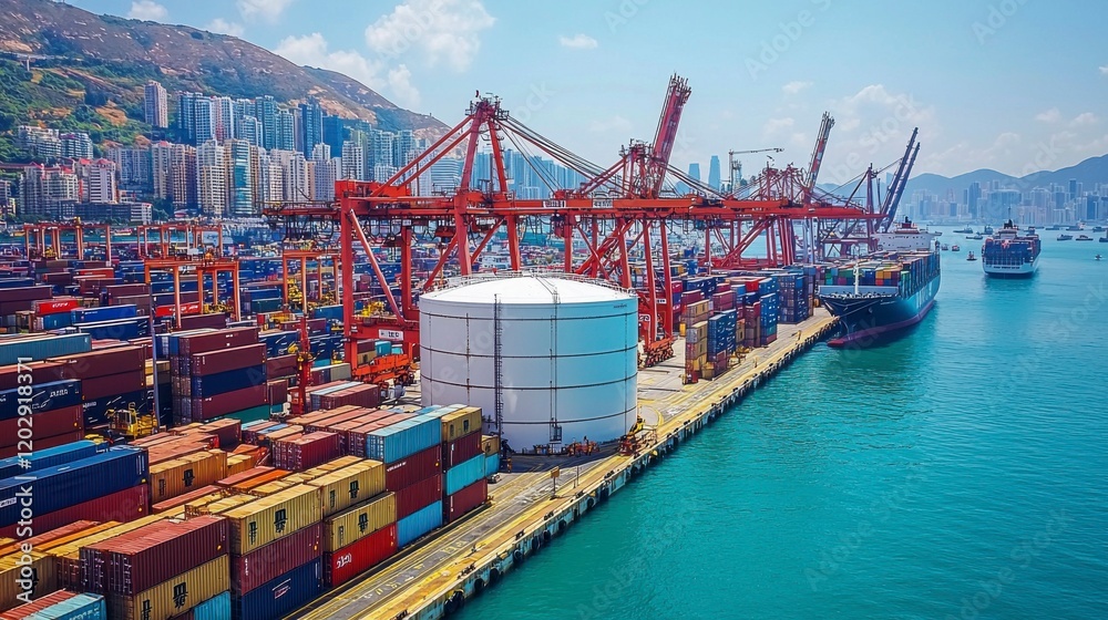 Naklejka premium An oil storage tank at the Tsing Yi port, Hong Kong, captured against a backdrop of bustling harbor activities, with ships in the distance and cranes unloading containers.