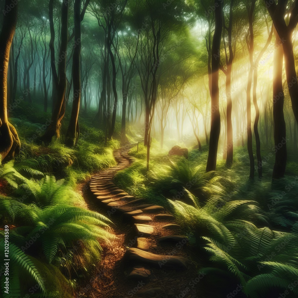 Naklejka premium Path Through a Forest A path winding through a forest representi