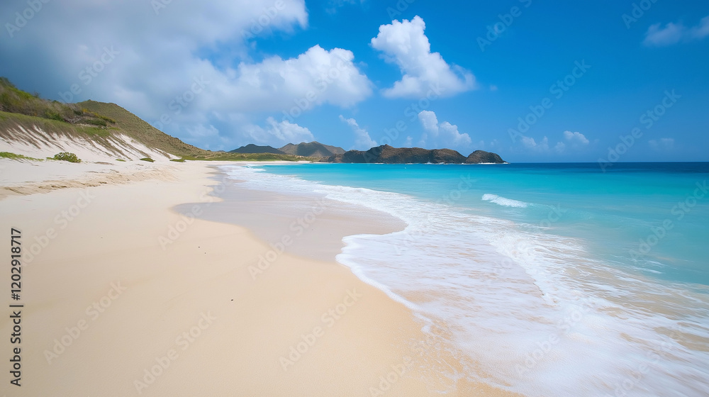 Tropical Sandy Beach with Soft Blue Ocean Waves and Clear Water Tropical Sandy Beach with Soft Blue Ocean Waves and Clear Water