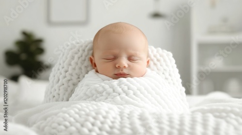 Serene Sleeping Baby Wrapped in Soft White Blanket with Calm Expression in Bright and Cozy Nursery Environment photo