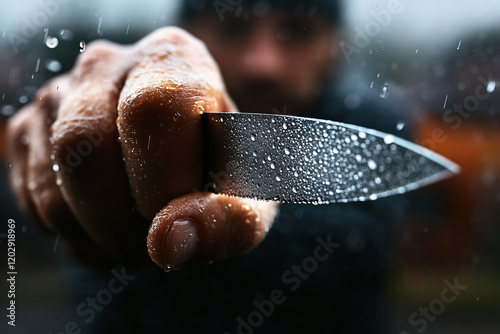 Bedrohliche Nahaufnahme eines nassen Messers in der Hand eines unscharfen, mysteriösen Mannes im Regen

 photo