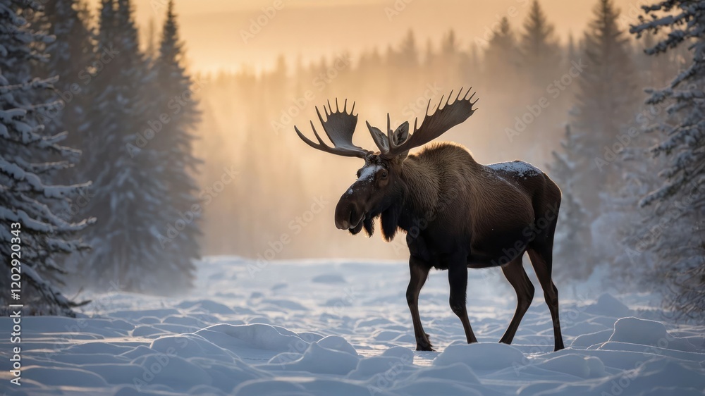 Obraz premium A majestic moose walks through a snowy forest at dawn, surrounded by mist and trees.