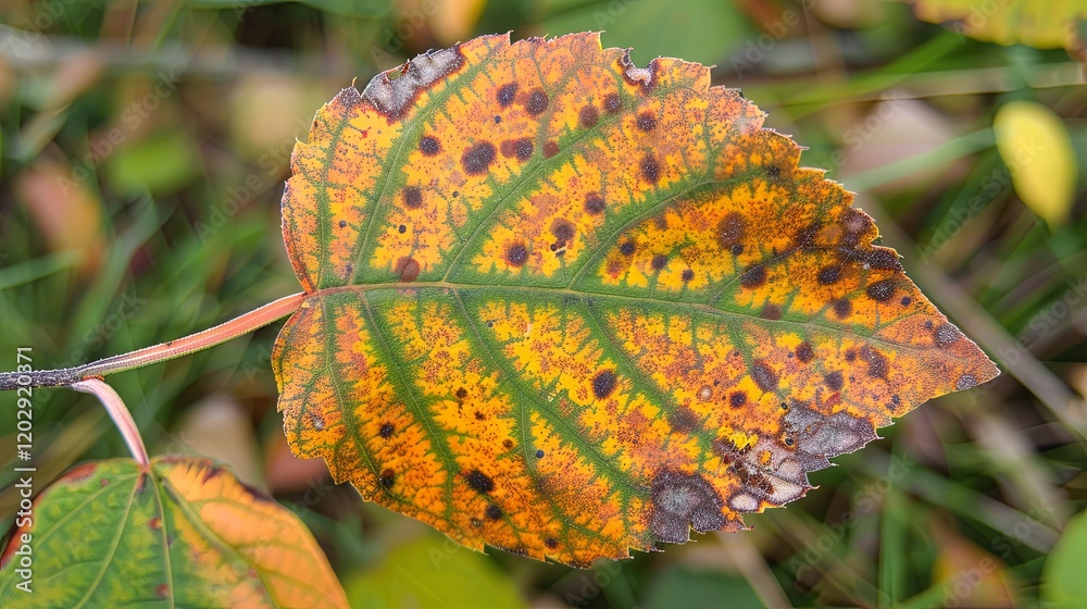 Close-up of a leaf with visible fungal spots, blurred green foliage in the background, natural light, shallow depth of field. Leaf disease, nature, and botanical concepts. Close-up of a leaf with visible fungal spots, blurred green foliage in the background, natural light, shallow depth of field. Leaf disease, nature, and botanical concepts.