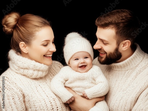 Loving Family Portrait with Smiling Baby in Cozy Sweaters Against Dark Background Creating Warm and Joyful Atmosphere of Togetherness and Happiness photo