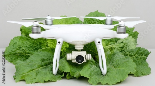 Aerial Drone Positioned on Fresh Green Lettuce Leaves Highlighting Technology and Agriculture Intersection with Natural Produce Appeal for Stock Photography Use photo