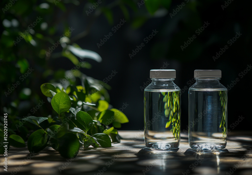 A glass of water and two plastic water bottles placed on a wooden table, with greenery and plants in the background, creating a fresh and natural environment. A glass of water and two plastic water bottles placed on a wooden table, with greenery and plants in the background, creating a fresh and natural environment.