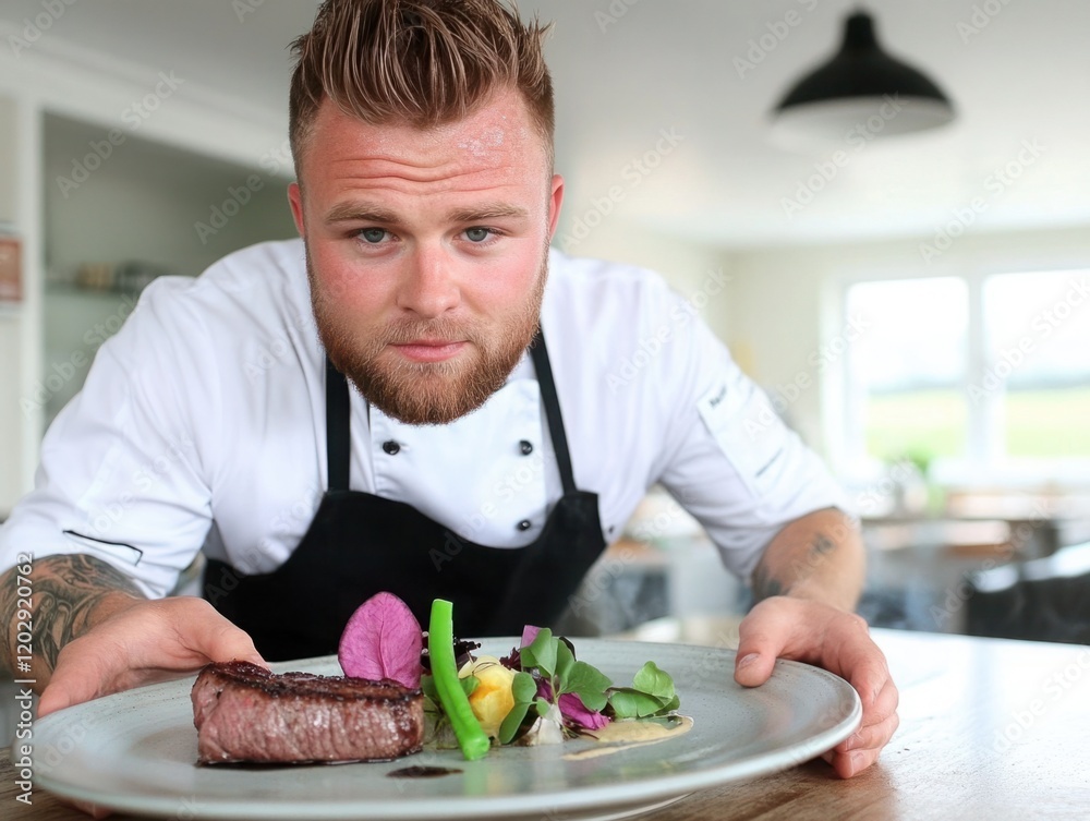 Skilled Chef Presenting Gourmet Beef Dish With Fresh Vegetables and Colorful Garnish in Modern Restaurant Setting with Natural Light Skilled Chef Presenting Gourmet Beef Dish With Fresh Vegetables and Colorful Garnish in Modern Restaurant Setting with Natural Light
