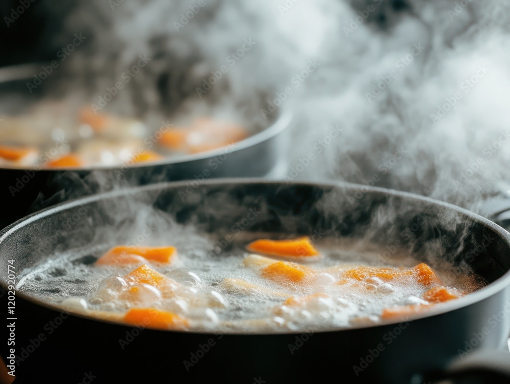 Close-Up of Simmering Soup with Steam Rising from Pot, Featuring Orange Ingredients and Bubbling Broth, Creating a Warm Culinary Atmosphere in Kitchen Setting Close-Up of Simmering Soup with Steam Rising from Pot, Featuring Orange Ingredients and Bubbling Broth, Creating a Warm Culinary Atmosphere in Kitchen Setting