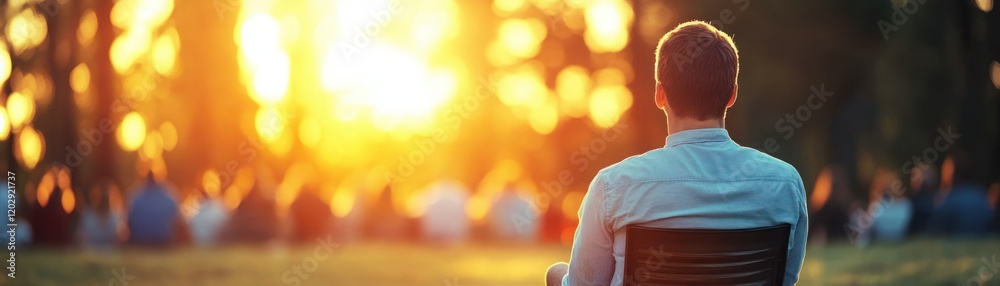 Obraz premium Serene Individual Watching Sunset in a Peaceful Setting Surrounded by Nature, Evoking Feelings of Tranquility, Reflection, and Connectedness with the Universe