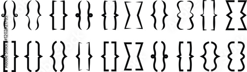Set of curly double braces. Symmetric brackets pair, punctuation symbols for mathematics. Frames for math in flat styles. Retro parenthesis signs for text quote Isolated on transparent background.