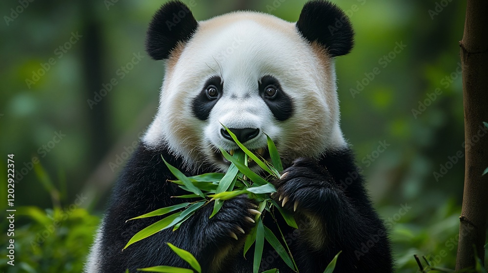 Obraz premium Panda eating bamboo in lush forest