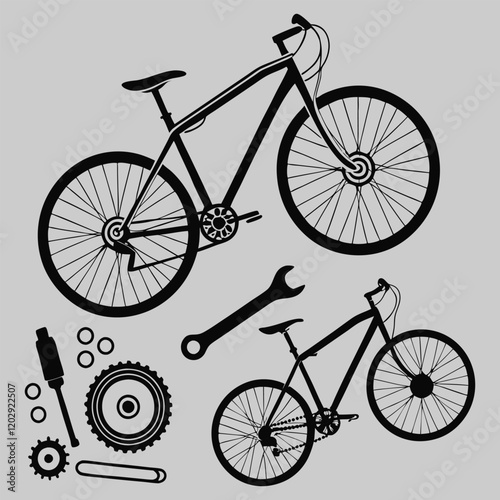 bicycle and bicycle parts silhouette vector design art and illustration
