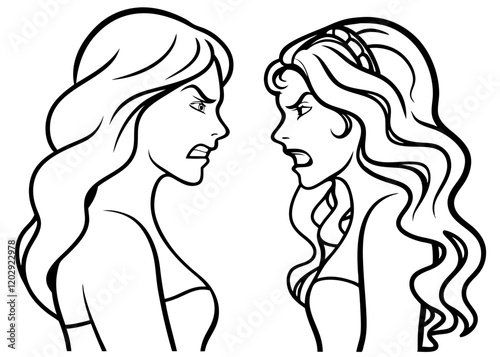 two women are arguing, angry, and confronting each other, line art illustration isolated white