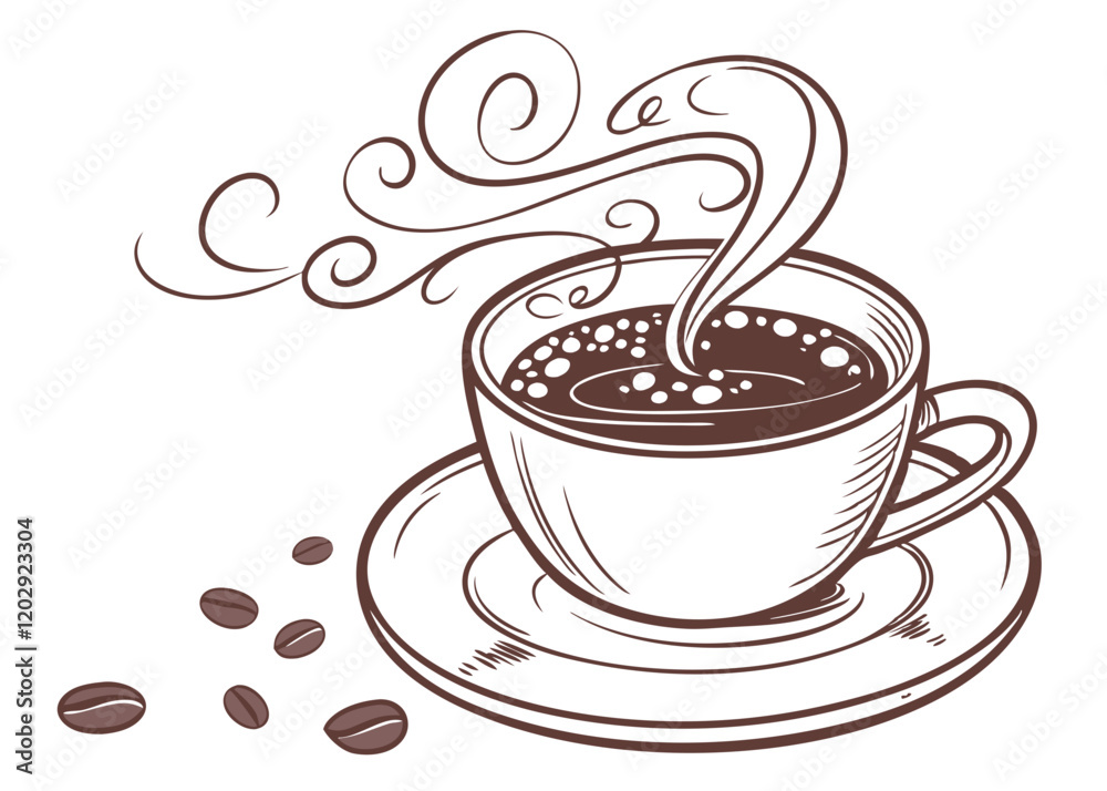 Obraz premium a cup of steaming hot cappuccino, line art vector isolated white background