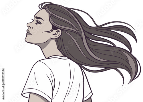 vector of woman with long hair, a beautiful brunette woman wearing white t-shirt, side view