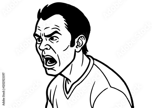 a man expressing his emotion, angry and mad emotion, side view, line illustration