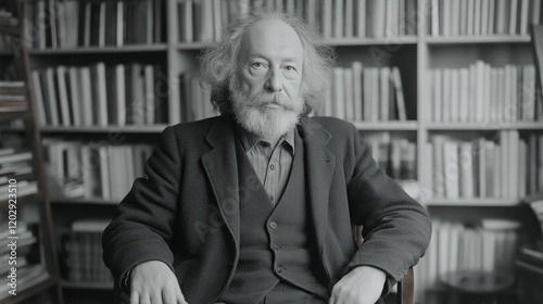 A man with a beard and glasses sits in a chair in front of a bookshelf