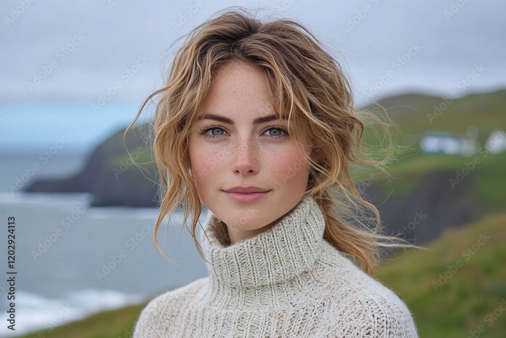A woman with wavy hair wearing a cozy sweater stands by the coast, gazing at the camera. A woman with wavy hair wearing a cozy sweater stands by the coast, gazing at the camera.